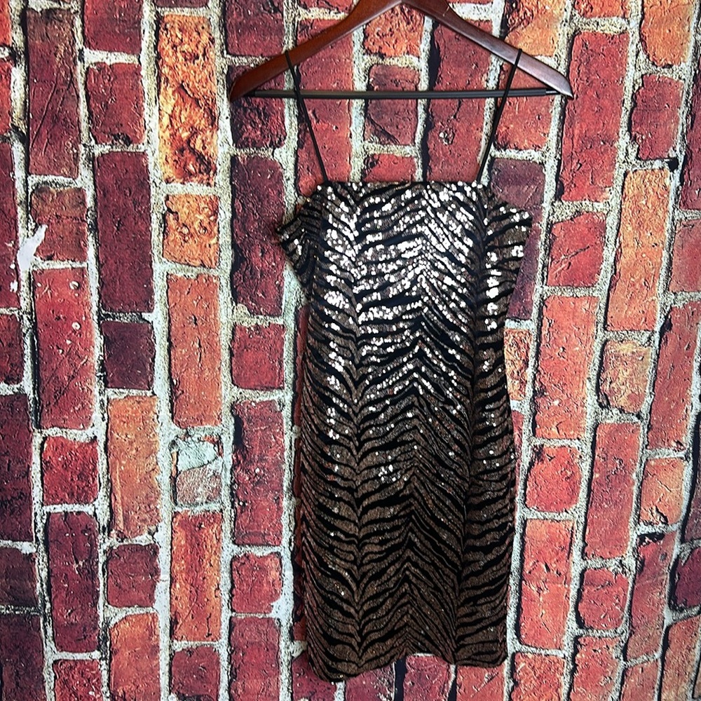 DOLLS KILL MOTEL SEQUIN TIGER STRIPE BLACK VELVET & GOLD MINI DRESS size Small - Picture 5 of 15